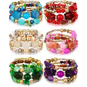 6 Pcs Boho Multilayer Irregular Agate Beads Charm Bracelets Vintage Yoga Turquoi